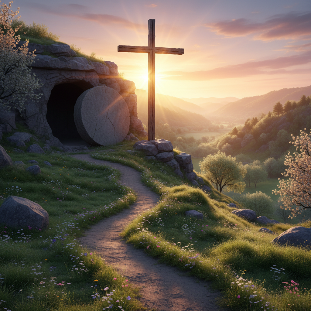 An empty tomb with the stone rolled away and a wooden cross at sunrise.